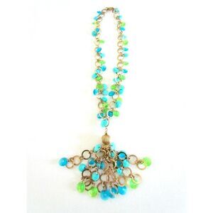 Vintage Mod Tassel Necklace Green Blue Gold 60s 70s Long
